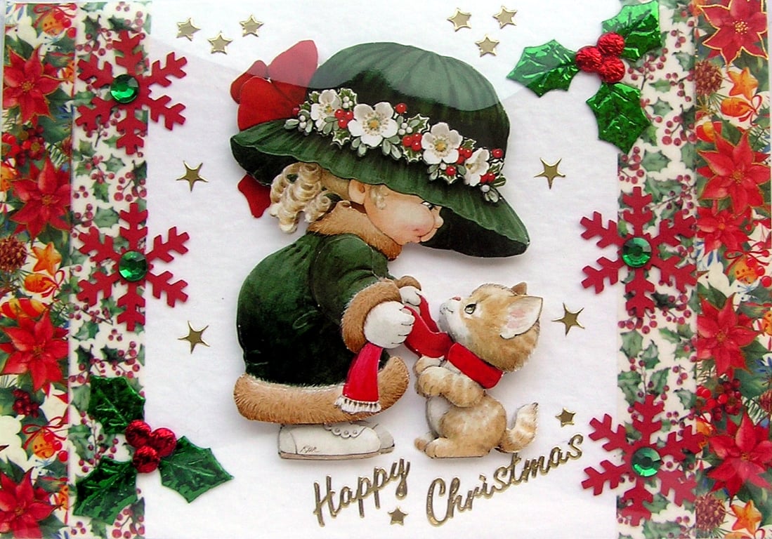 Hand Crafted Decoupage Chistmas Card - Happy Christmas (3205) Girl with Kitten