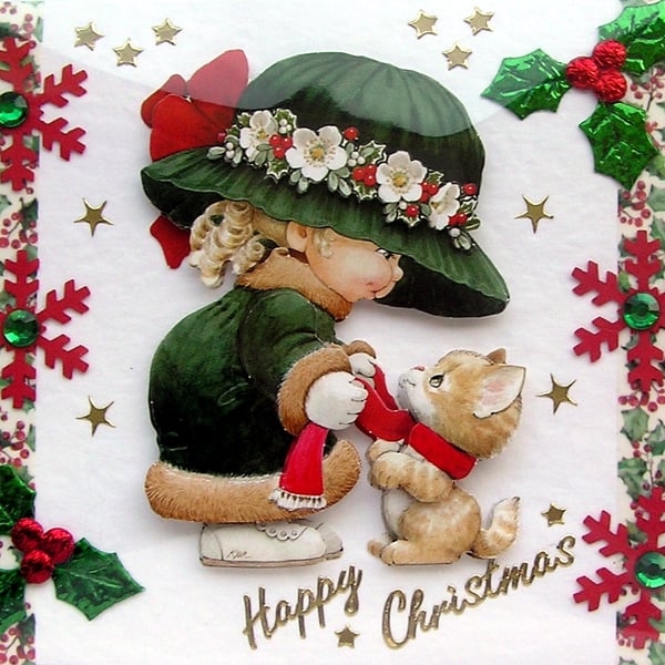 Hand Crafted Decoupage Chistmas Card - Happy Christmas (3205) Girl with Kitten