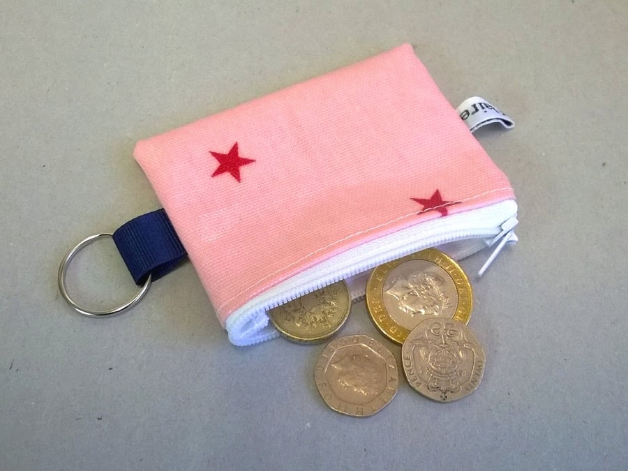 coin purse key ring, Pale pink Oilcloth with red stars