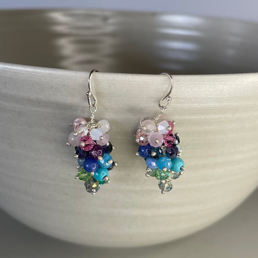 Sterling silver multiple coloured rainbow glass beaded cluster earrings 