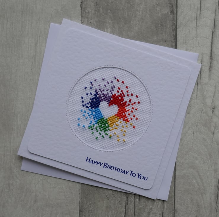 Cross Stitch Rainbow Heart - Happy Birthday to You - Birthday Card