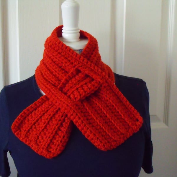 burnt orange crochet scarfette, crocheted short tippet scarf