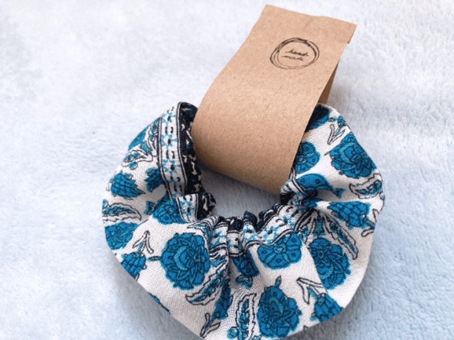 Blue scarf print scrunchie, boho hippy design, gift for her, handmade