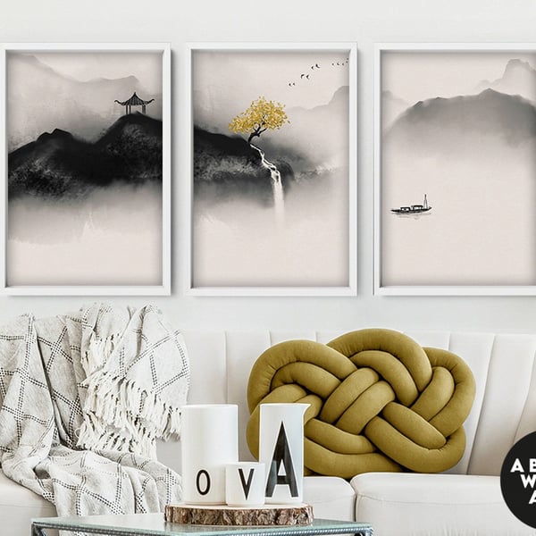Watercolor Minimal Landscape Mountain Set of 3 Prints, Living-room Wall Decor, A