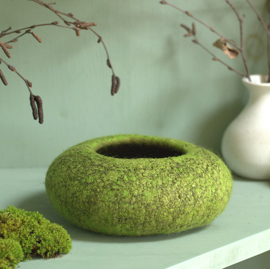 Bright Moss Green Felt Bowl - hand felted textile art