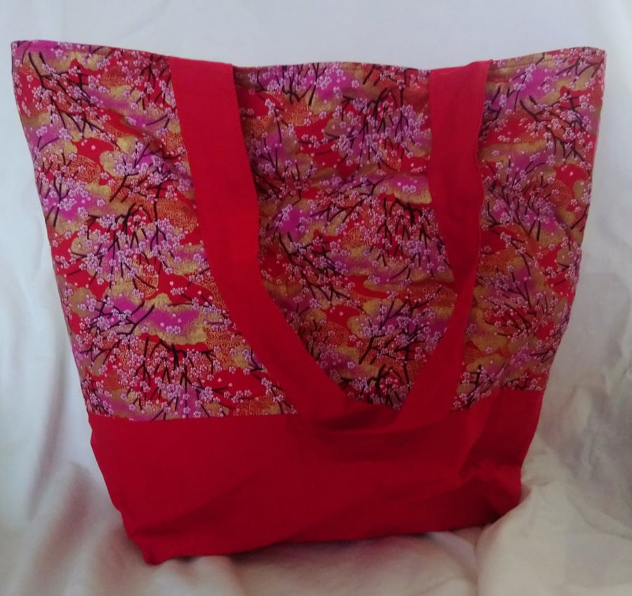 Red and Gold Charry Blossom Tote Bag with Clasp