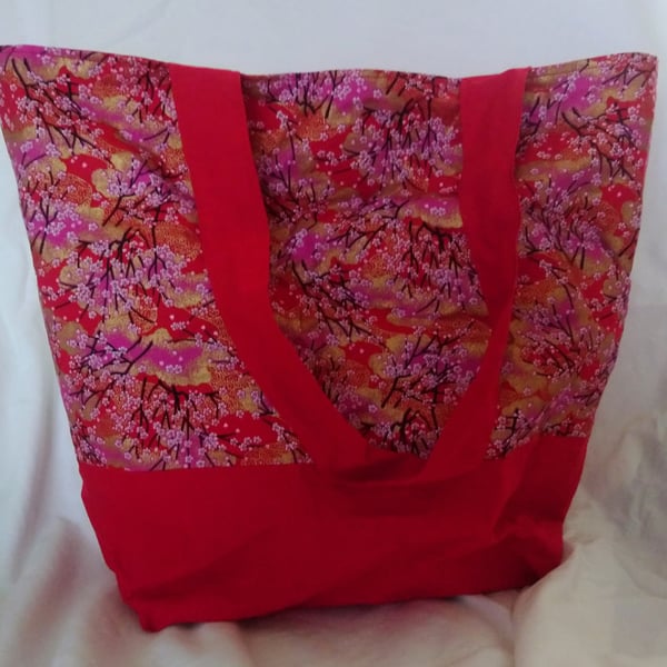 Red and Gold Charry Blossom Tote Bag with Clasp