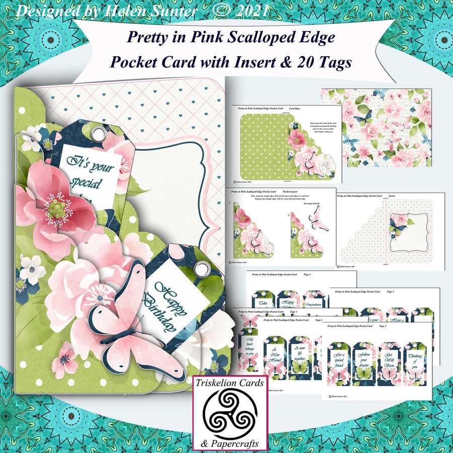 Digital Card Making Kit Pretty in Pink Scalloped Edge Pocket Card Kit with Inser