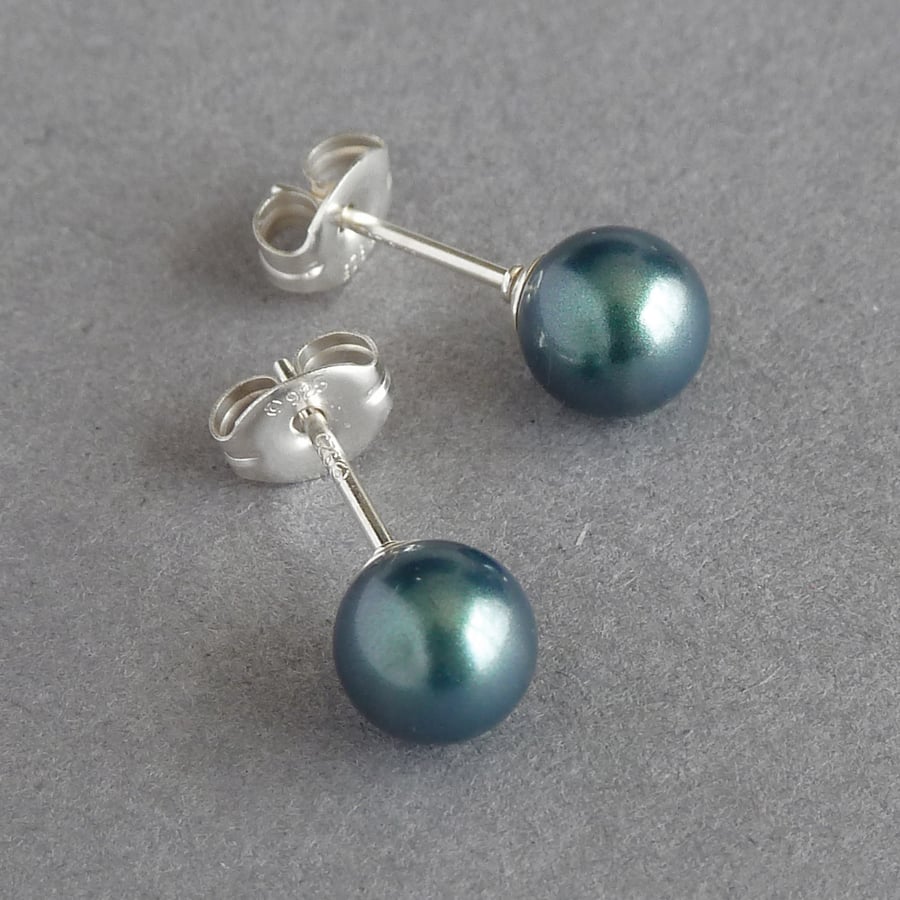 6mm Dark Green Glass Pearl Studs - Simple Round Teal Stud Earrings for Gifts