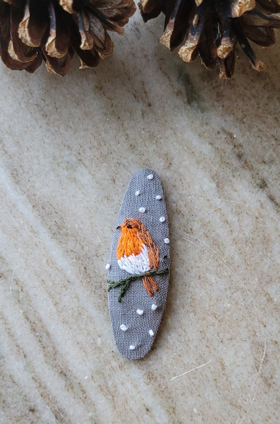 winter robin hair clip, hand embroided, garden birds,  Christmas accessories