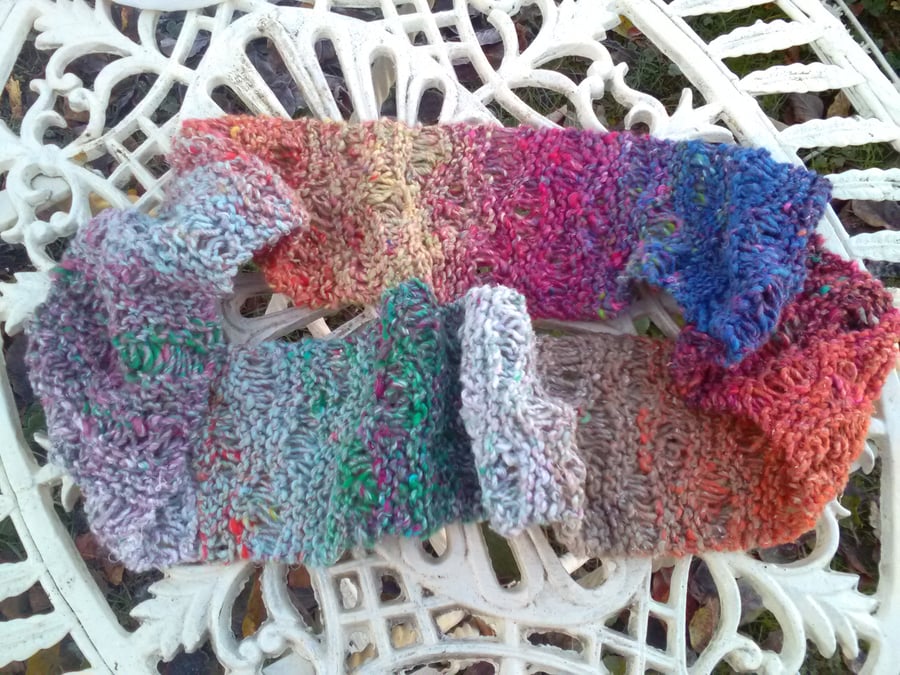 Handknit Noro Wool Silk Cotton long skinny Circular Cowl