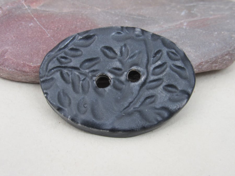 Large Coal Black Sprig Oval Handmade Ceramic Button
