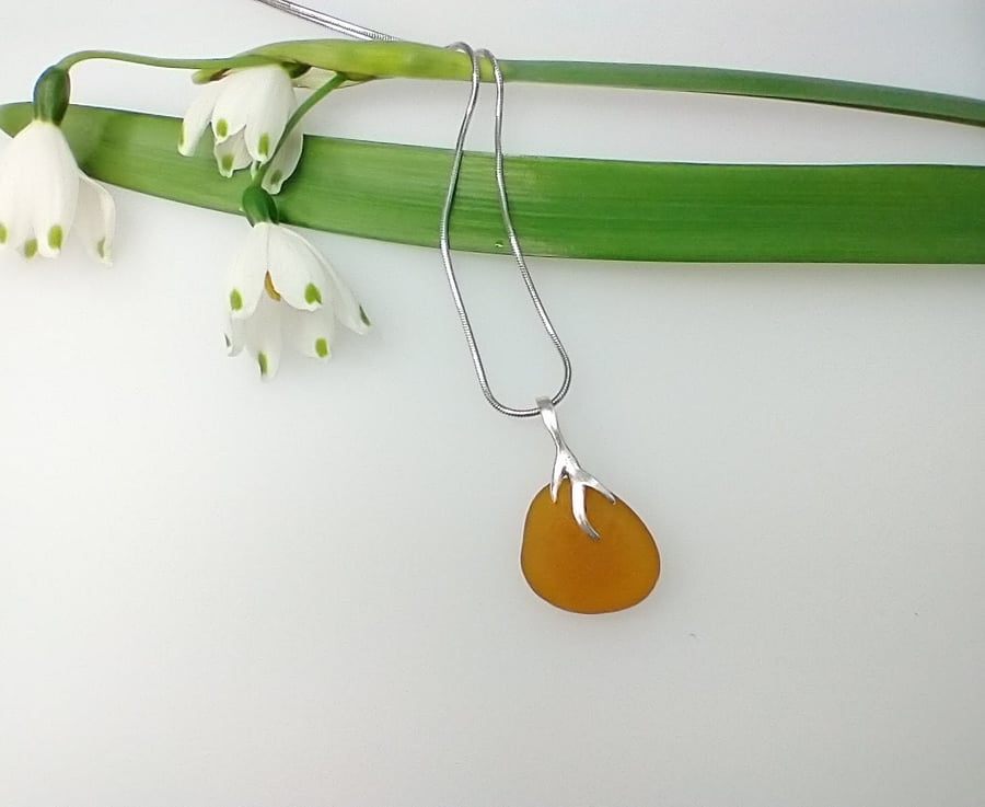 Natural Brown Sea Glass with Silver Bail Necklace