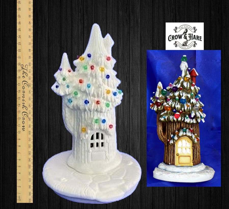 Ready to paint at home pottery Ceramic Light up Christmas Tree Fairy cottage
