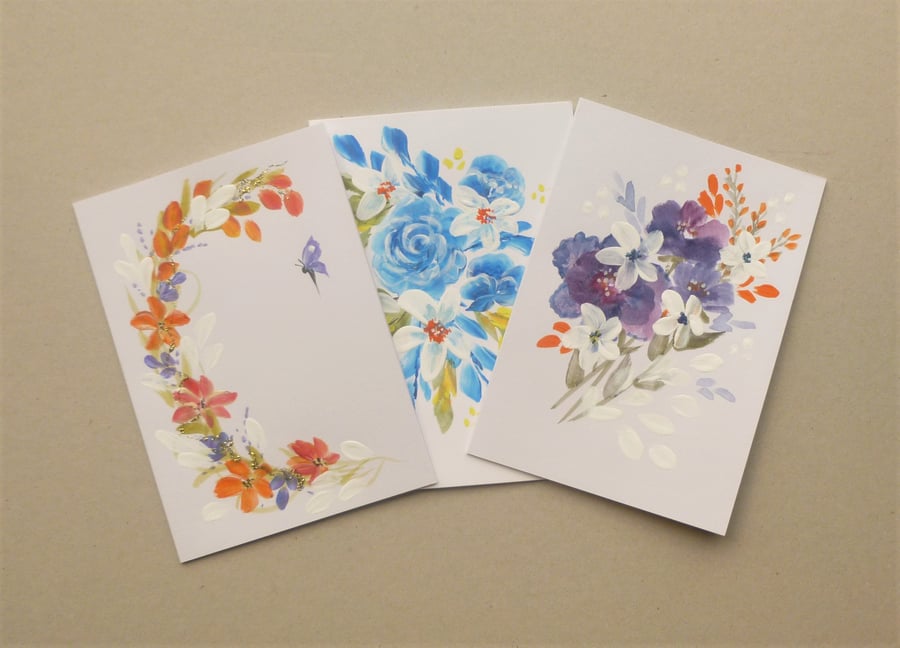 Beautiful Bundle of 3 hand painted floral blank greetings card ( ref F 512.K2 )