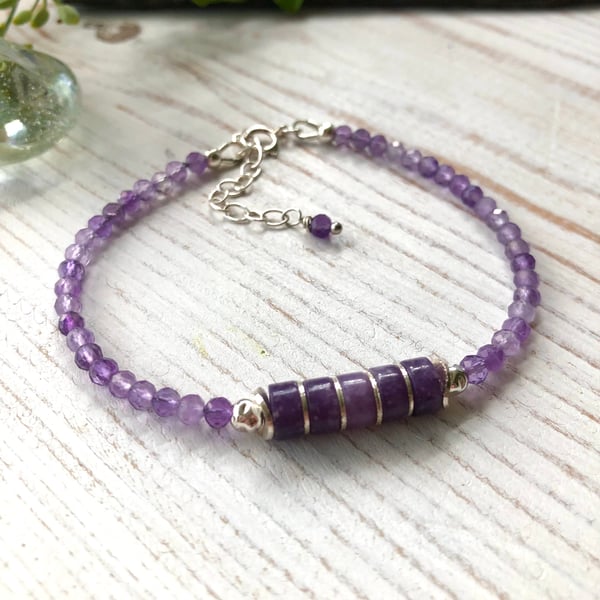 Delicate Purple Lepidolite, Amethyst & Sterling Silver Beaded Bracelet