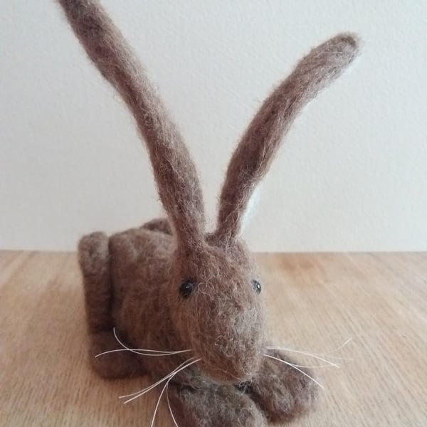 Crouching Hare, brown needle-felt