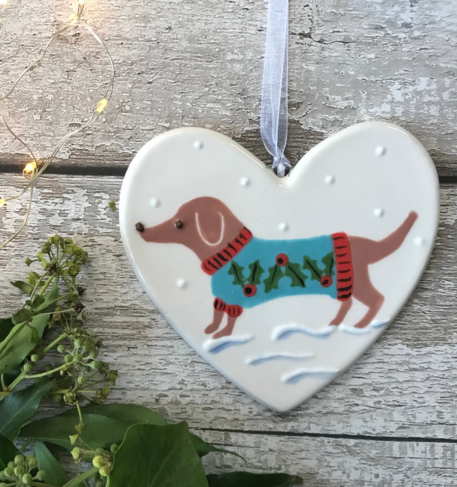 Tan Dachshund wearing a Christmas Jumper, Hand Painted Ceramic Heart