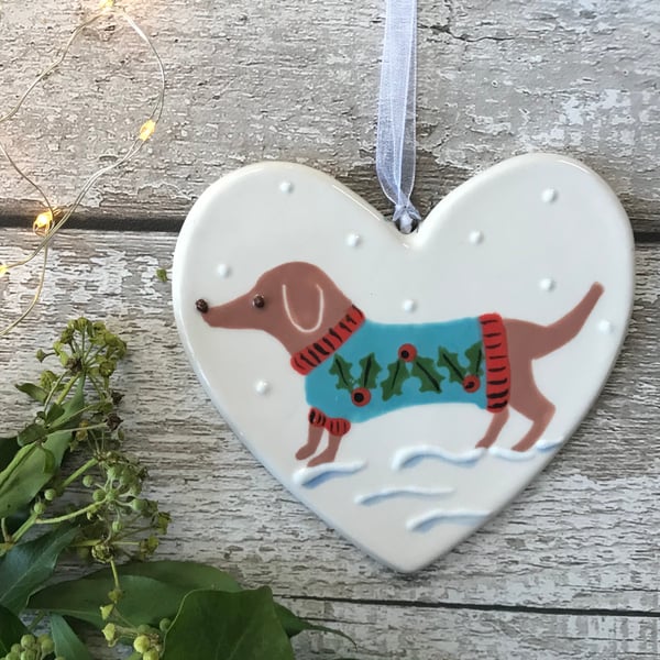 Tan Dachshund wearing a Christmas Jumper, Hand Painted Ceramic Heart