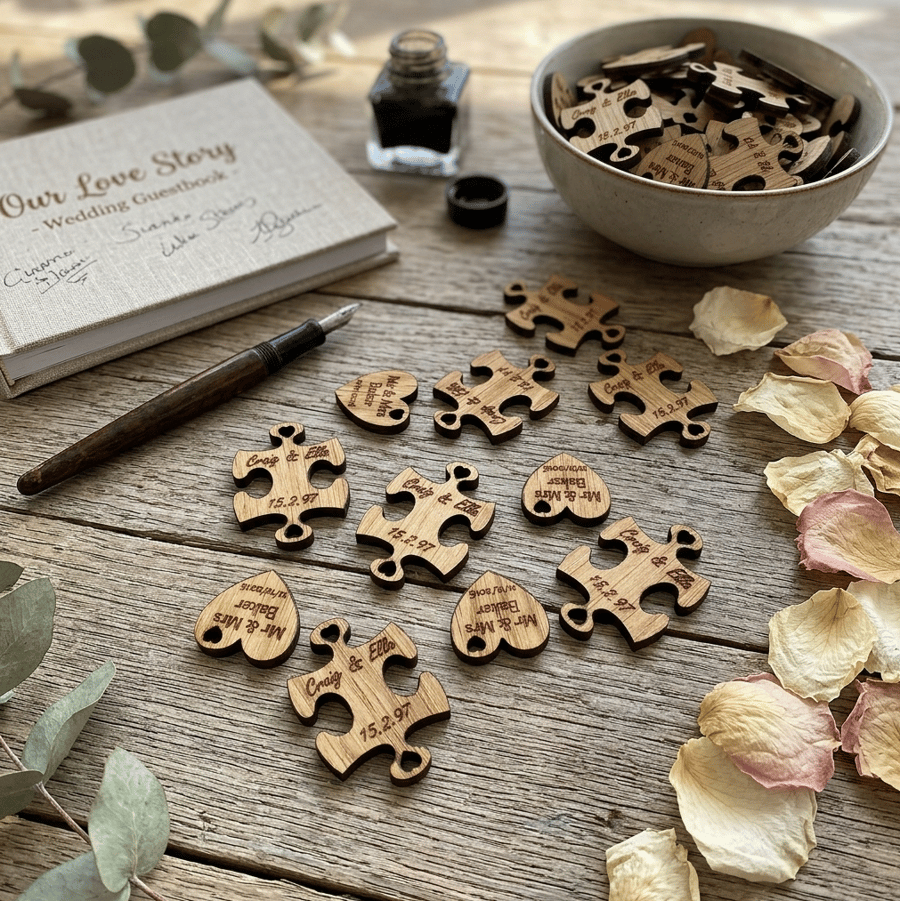 Personalised Wedding Table Confetti - Wood Hearts and Puzzle Pieces