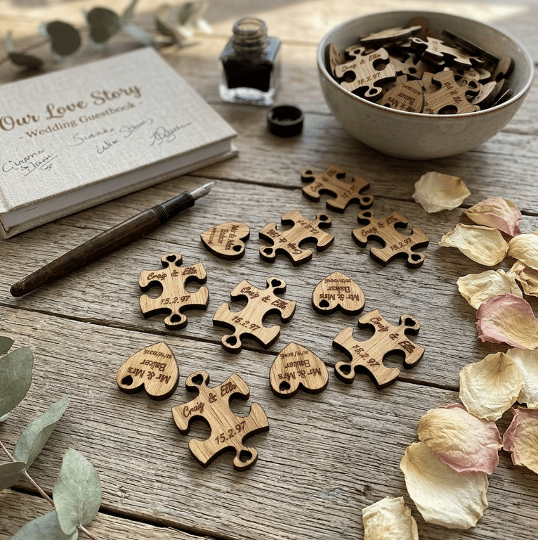 Personalised Wedding Table Confetti - Wood Hearts and Puzzle Pieces