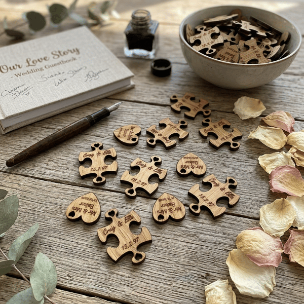 Personalised Wedding Table Confetti - Wood Hearts and Puzzle Pieces