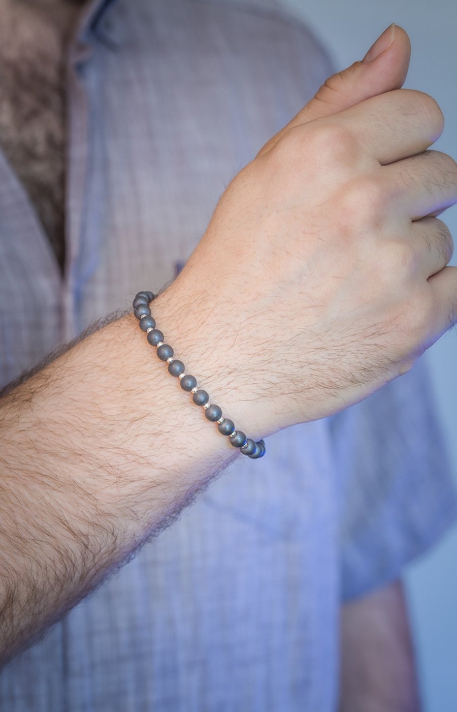 Bracelet un-polished hematite and sterling silver stretch handmade