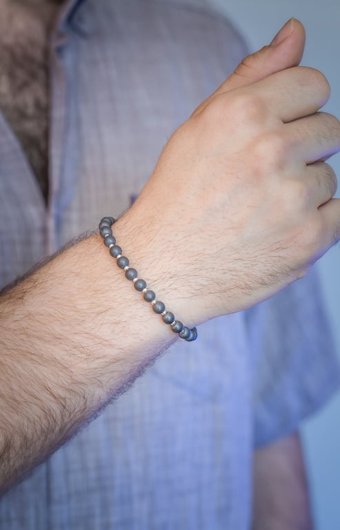 Bracelet un-polished hematite and sterling silver stretch handmade
