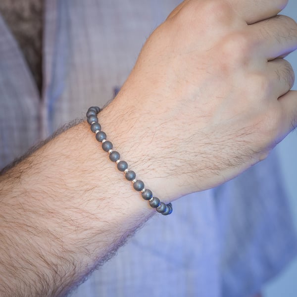 Bracelet un-polished hematite and sterling silver stretch handmade