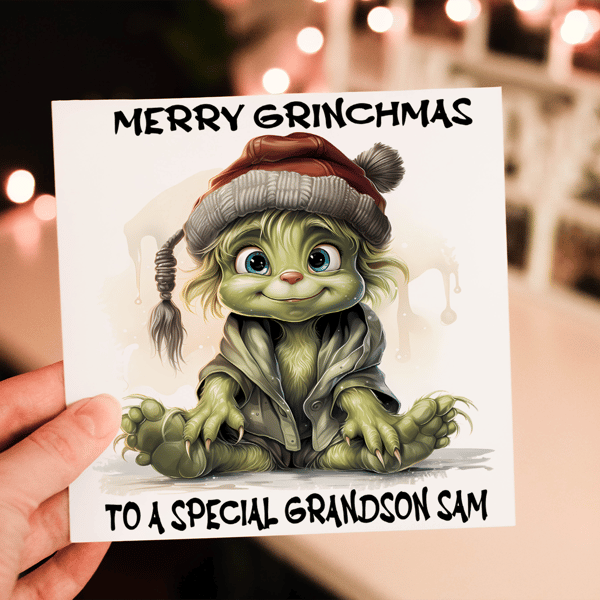 Grinch Christmas Card, Grandson Christmas Card, Personalized Card for Christmas