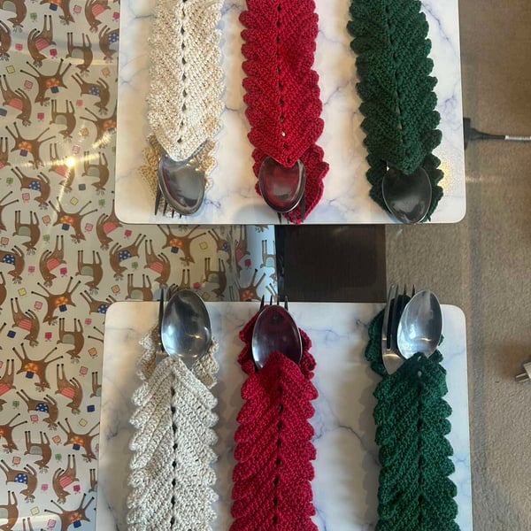 Crocheted Christmas Tree Cutlery Holders – Set of 6