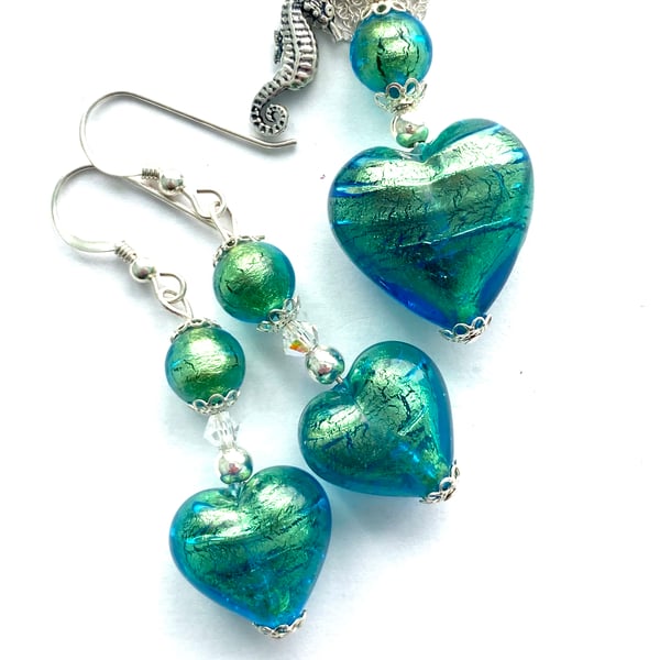 Murano glass green jewellery set with sterling silver charm and chain.