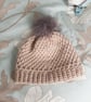 Unisex Beige Hat, crochet with pompom - Image 2