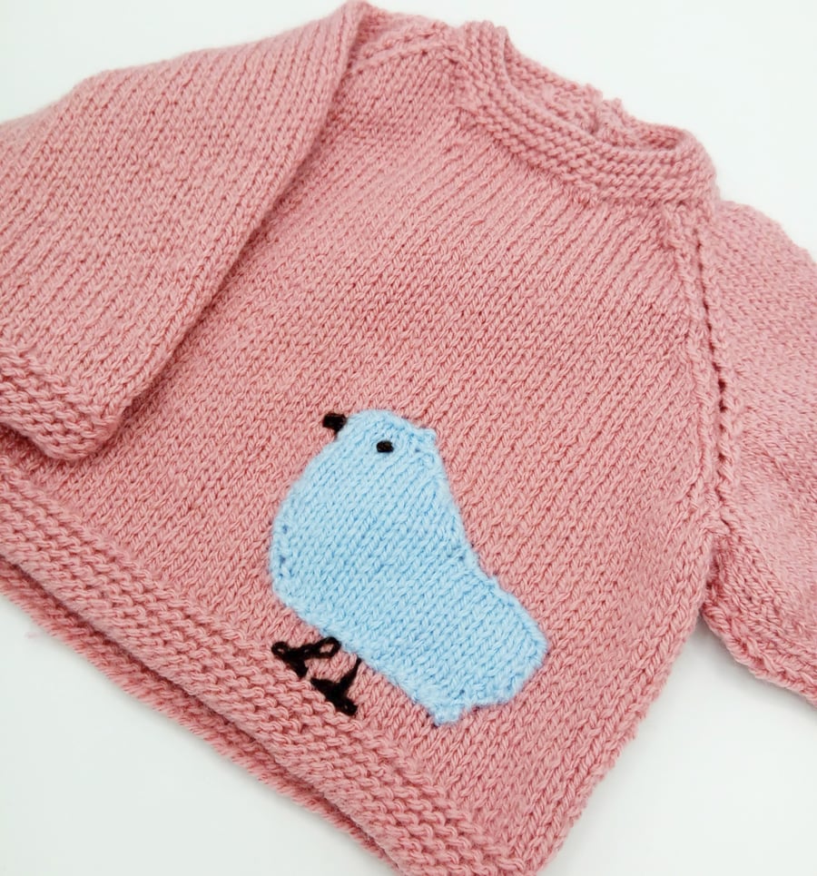 Knitted Jumper with Blue Bird Motif for Babies and Small Children, Gift for Her