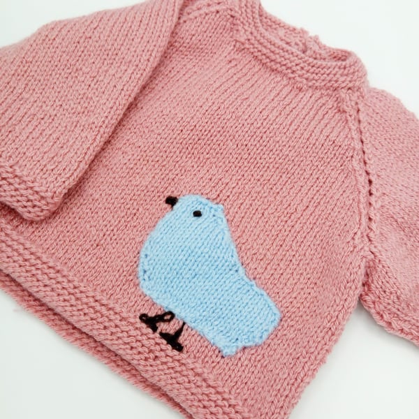 Knitted Jumper with Blue Bird Motif for Babies and Small Children, Gift for Her