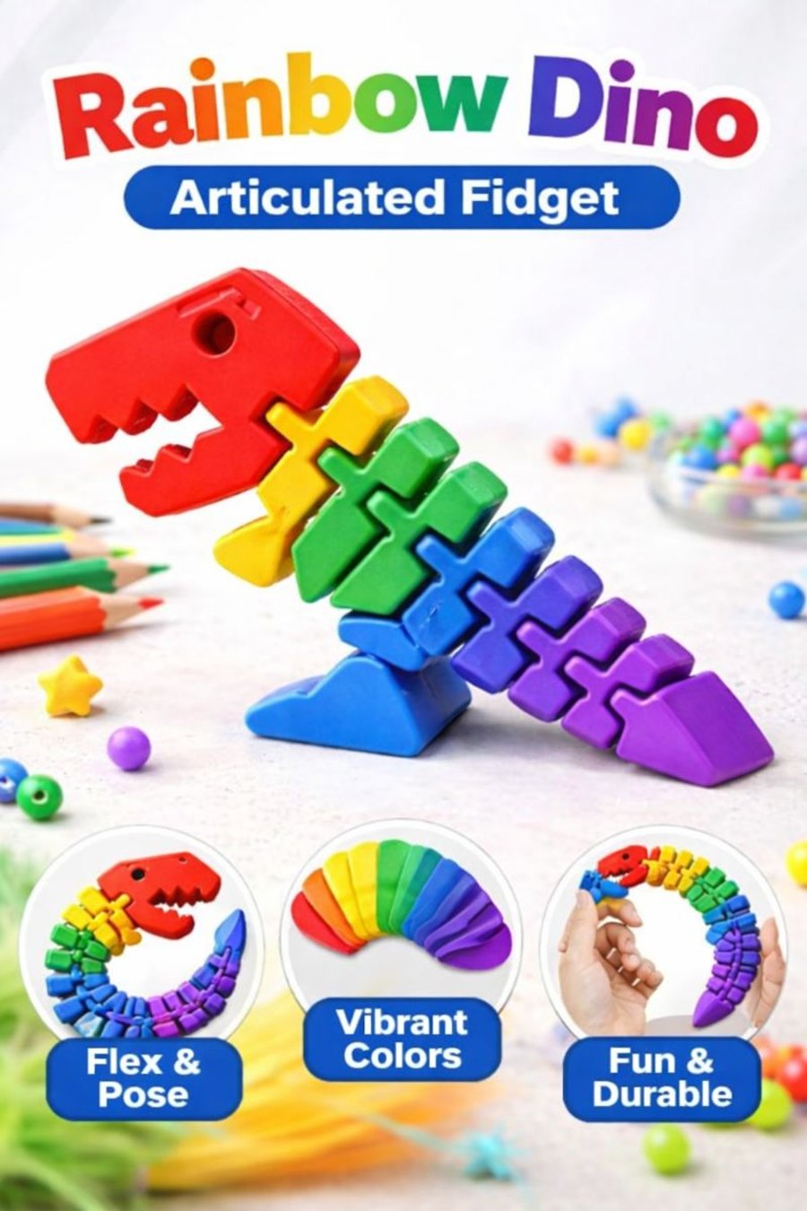 Flexi Articulated Dinosaur 3D Printed Figure 120mmx80mm Fully Customisable