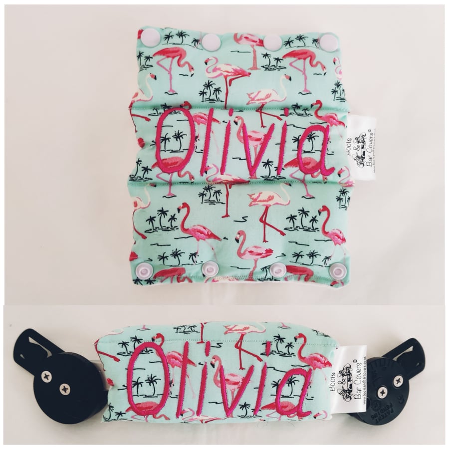 Flamingos on aqua Clubfoot Talipes Boots and Bar Cover. Ponseti BnB