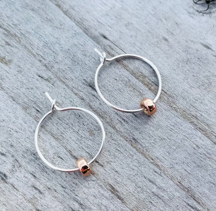 Silver 15mm Hoop Earrings with14K Rose Gold Rondelles