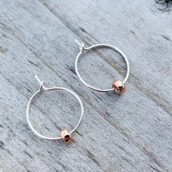 Silver 15mm Hoop Earrings with14K Rose Gold Rondelles