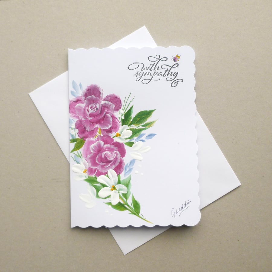original art hand painted roses Sympathy card  ( ref F 862 G4 )