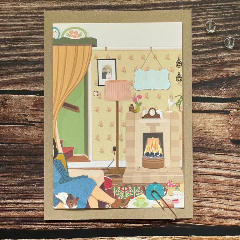 1970s Fireplace A5 Blank Card- Retro Art Keepsake To Frame