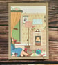1970s Fireplace A5 Blank Card- Retro Art Keepsake To Frame