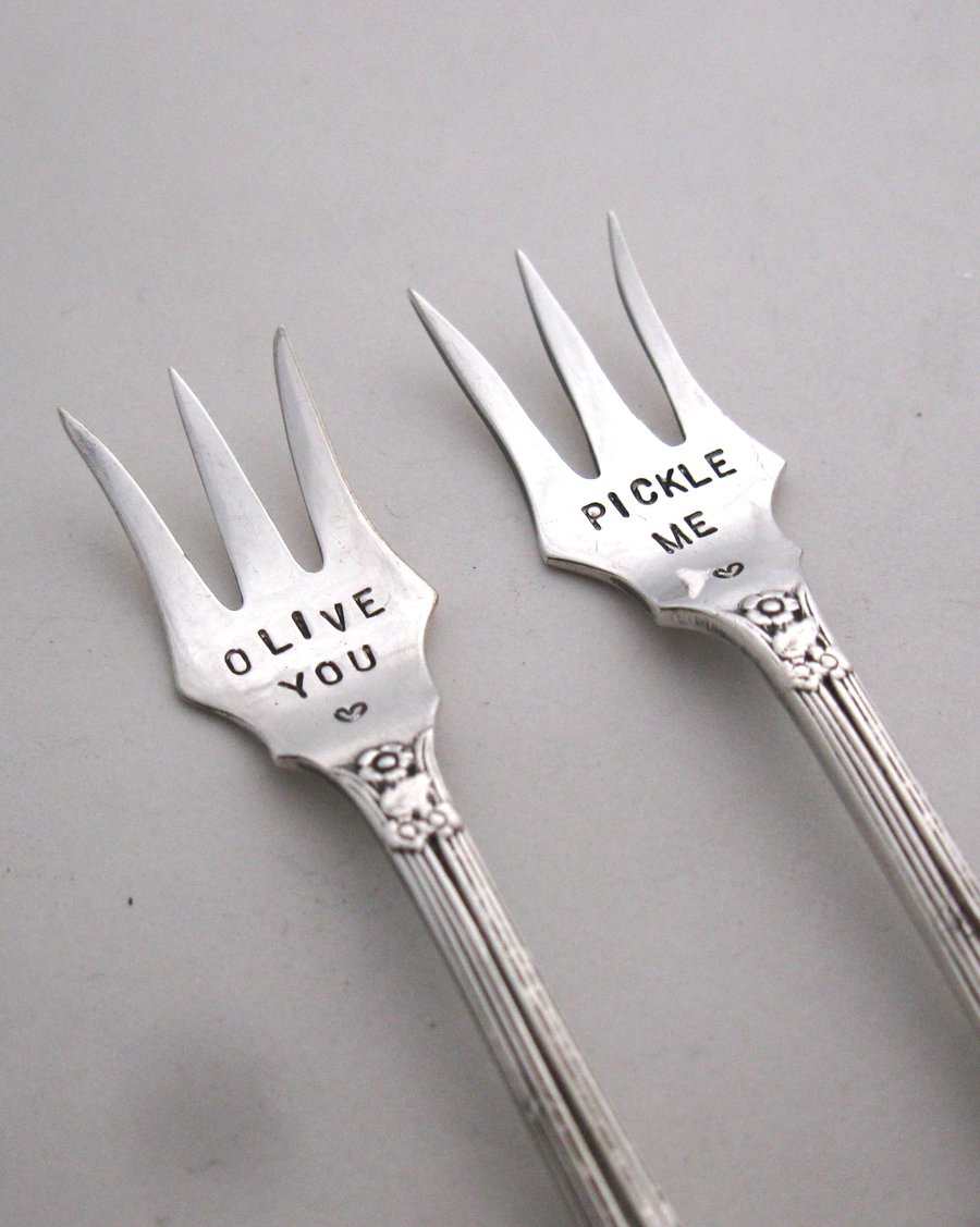 Pair of tiny pickle forks, handstamped, Olive You, Pickle Me