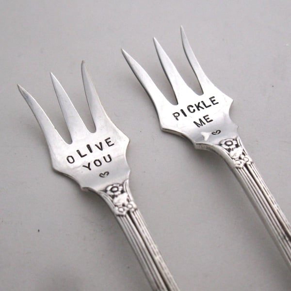 Pair of tiny pickle forks, handstamped, Olive You, Pickle Me