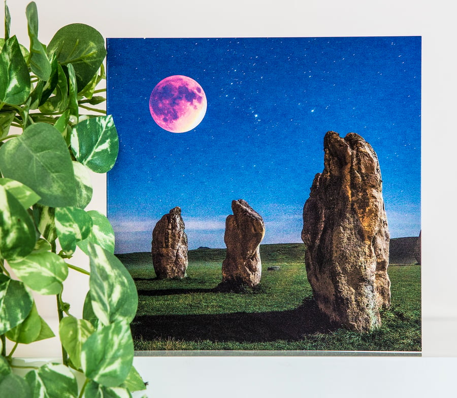 Avebury Wiltshire Blank Greeting Card blood moon night sky sarsen stone circle 