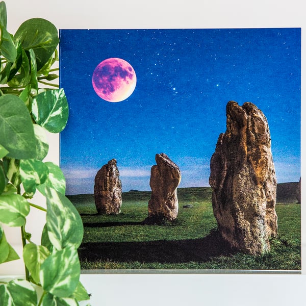 Avebury Wiltshire Blank Greeting Card blood moon night sky sarsen stone circle 