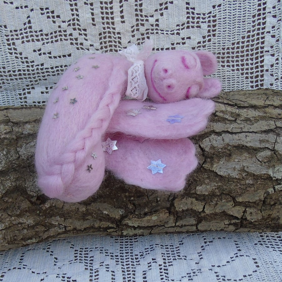 Needle felted sleeping baby dragon, winged dragon, pink with stars
