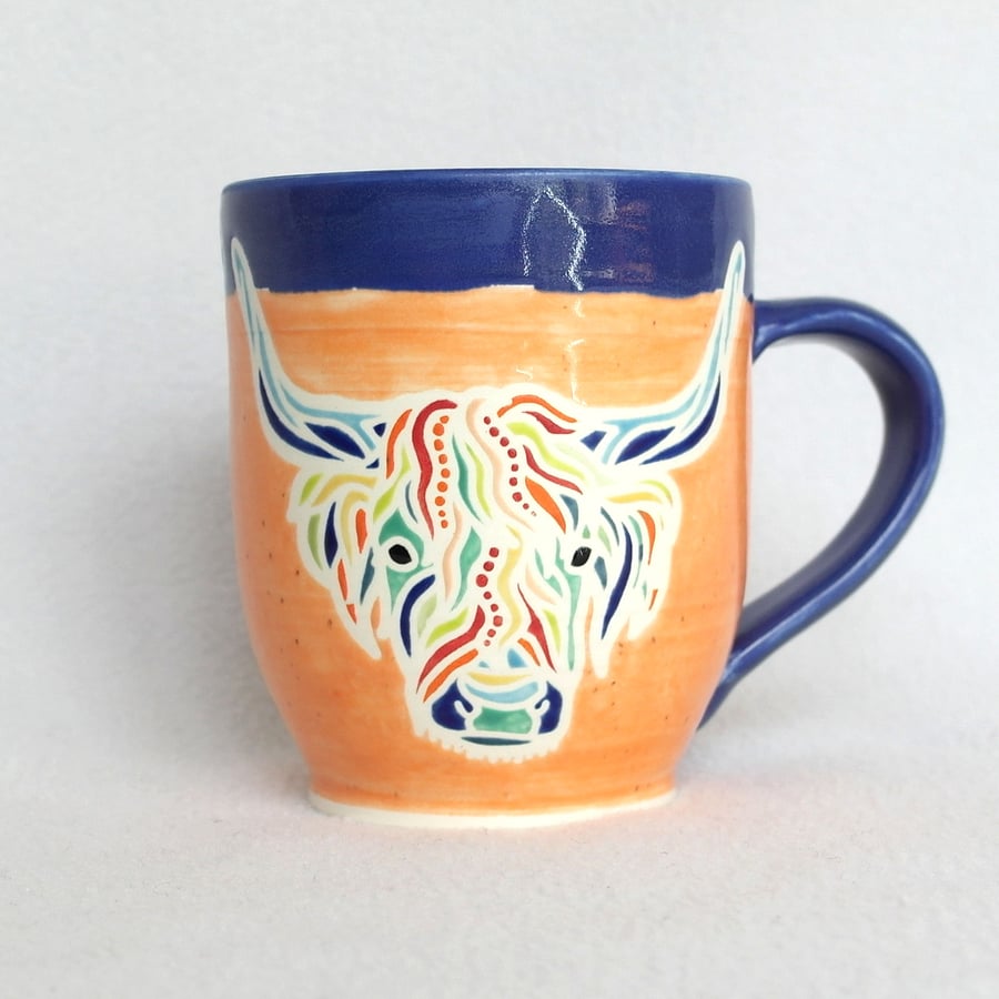 19-140 Handmade Ceramic Stoneware Highland Cow Cattle Mug 