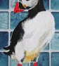 Puffin bird. Original mounted acrylic painting on tile look background  - Image 4