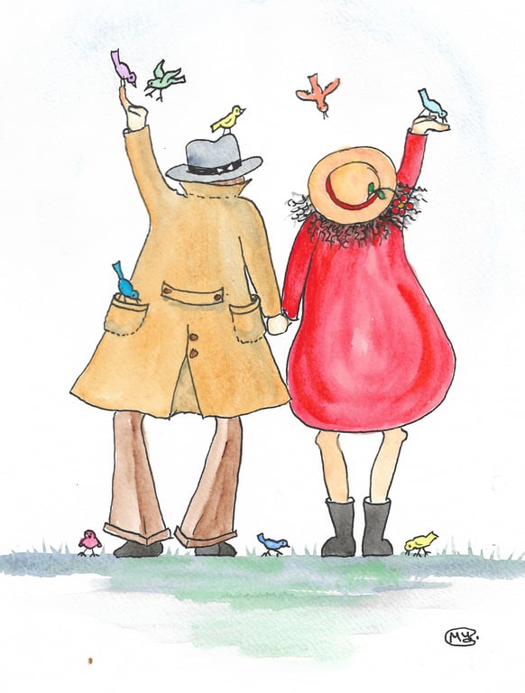 Together Feeding Birds. Original Painting